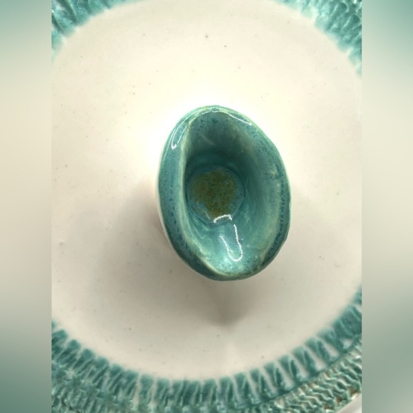 Vintage 1961 Handmade Ceramic Pottery Bowl w/Lid Turquoise/White MCM Signed - Picture 11 of 16